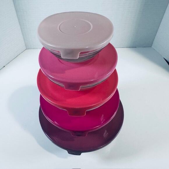 Stacking Glass Storage Bowls 5pc set w/Plastic Colored Lids - Picture 3 of 12